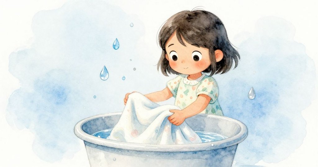 莉娜小心將潮濕毛毯折好放入塑膠桶中，水滴緩緩落下，神情平靜，展現混亂後的寧靜與新生。