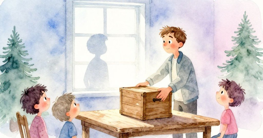 Ben舉著舊木箱，窗外光線映襯出輪廓，社區大廳中神情專注且溫暖充滿期待。