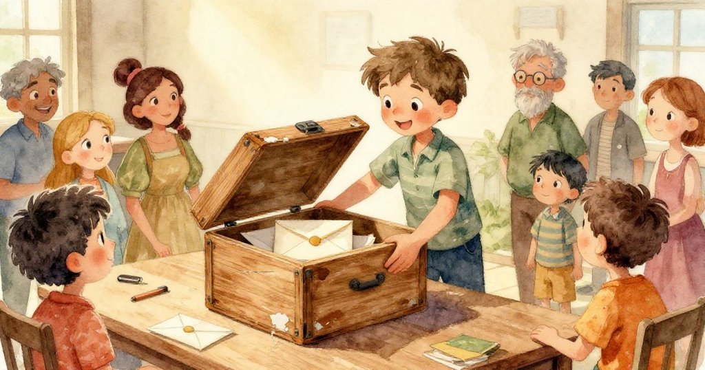 Ben和鄰居細心揭開箱蓋，特寫手部展現破舊信封與剝落油漆，充滿溫柔探索與歷史感。