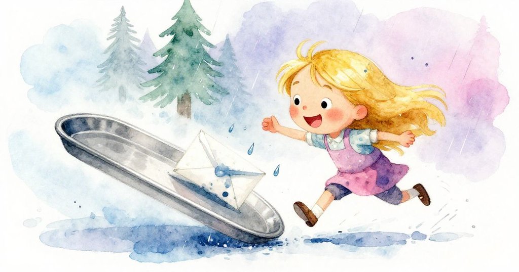 Mila迅速放下金屬托盤接雨滴，雨水滴落在信紙上擴散墨跡，傾斜畫面展現緊迫與協作情感。