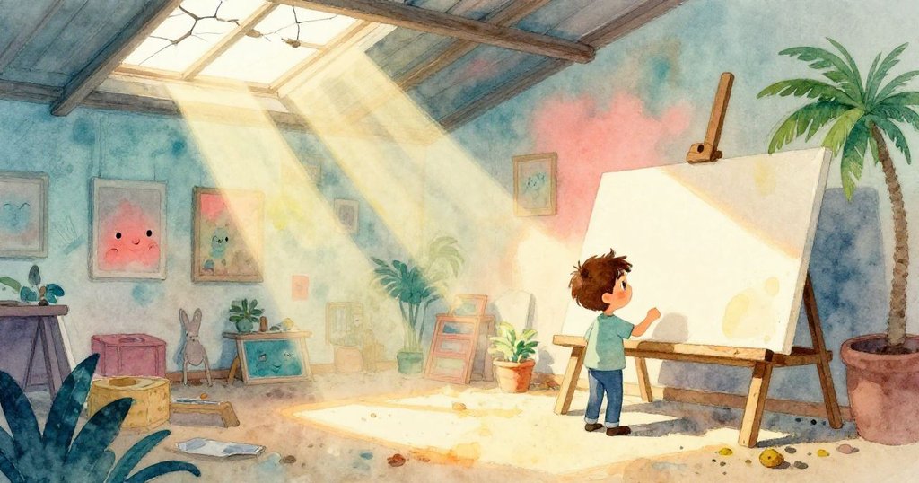 在破舊屋頂光線下,Leo輪廓顯現於塵埃美術室,神秘寧靜環境充滿光線與陰影交錯。