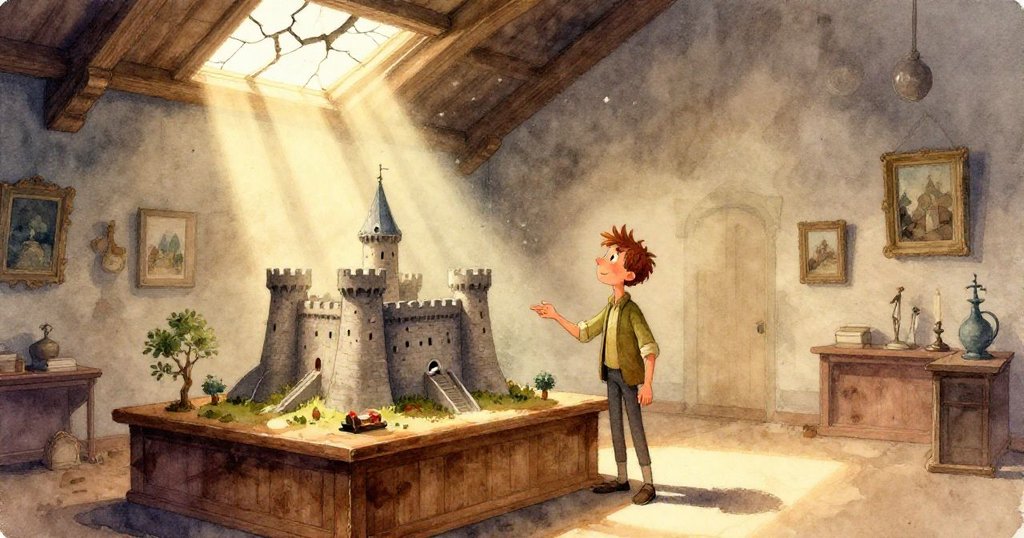 Leo專注凝神,眼神中透露出決心與好奇,近距離展現他與厚重布蓋下古堡的細節情感。