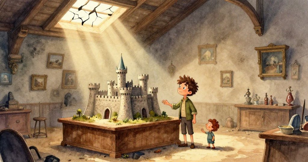 Leo正用力拉起布邊,他堅定的臉龐在破窗中映出,背景中風輕拂懸浮繩索,充滿動感。