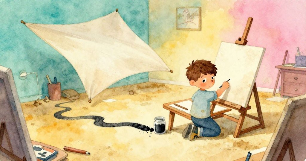 從高處俯瞰,Leo跪於木桌旁,風起時布如風帆翻騰,木炭瓶墜落散黑塵,畫室情景生動展現。