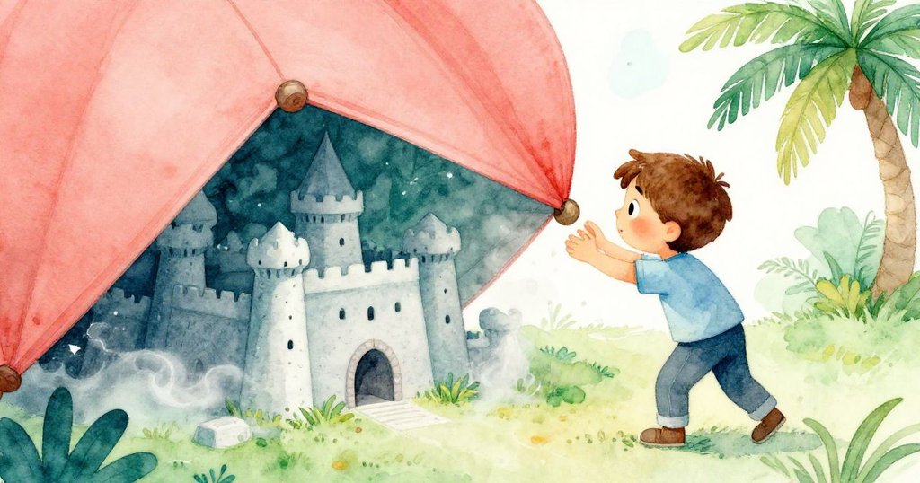 Leo驚喜凝視,隨著布幔緩緩升起,古堡細節逐漸明朗,空氣中飄舞灰塵,發現瞬間精彩呈現。