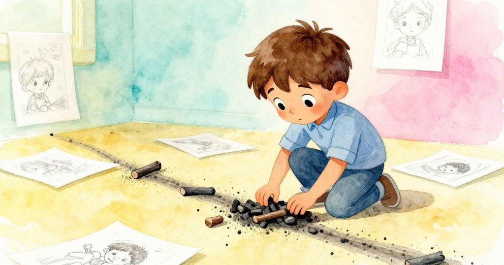 風勢過後,Leo溫柔拾起散落木炭,注視地上神聖塵跡,畫室靜謐中透露著創作後平和情懷。