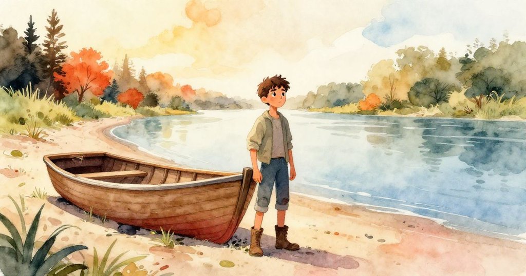 Liam身穿破舊靴子站在小河邊沙灘上，背景有半入水的木船和明亮陽光，展現期待與冒險的情緒。