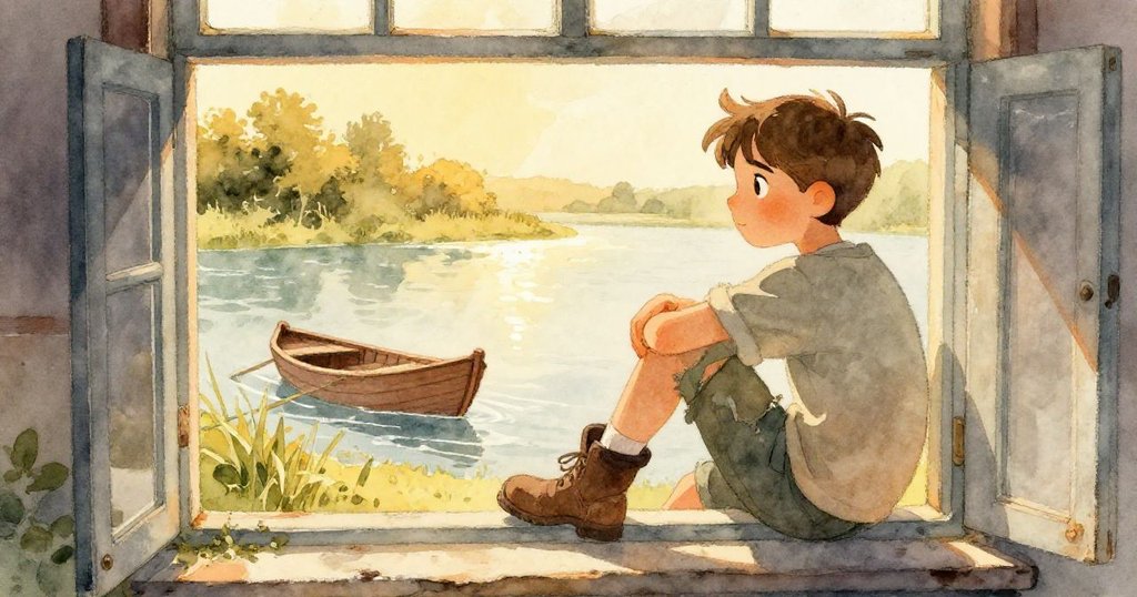 Liam透過鄉村老屋窗戶注視河邊的木船，室內溫暖光線結合戶外景致，情緒沉思且期待冒險。