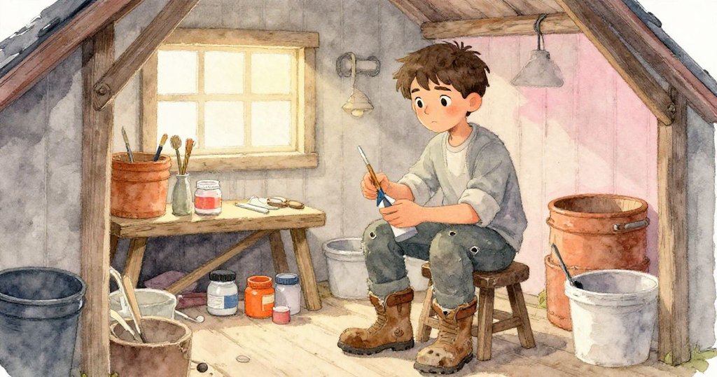 Liam在小船維護小屋內整理油漆工具，背景呈現年代感木牆與溫暖燈光，神情專注。