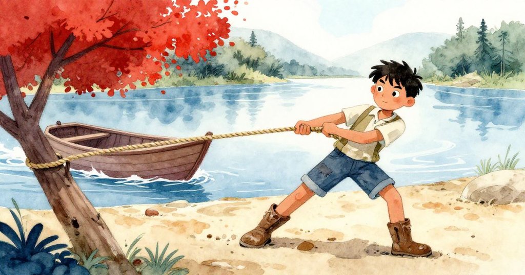 Liam奮力拉繩，繩子纏繞低樹枝，木船在水沙中掙扎，臉上滿是專注與挑戰的神情。