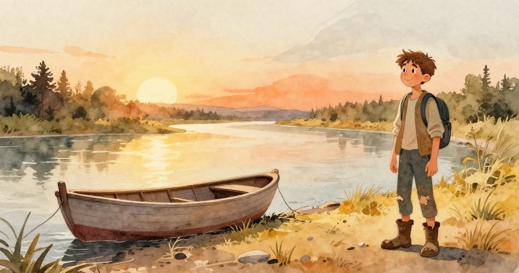 黃昏中，木船穩靠乾地，Liam站在旁邊微笑，背景展現河邊平靜景色與夕陽輝映，充滿成就與安寧。