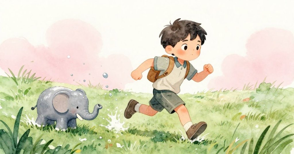 Leo從低角度奔跑於濕滑草地中,水花飛濺,小象滾動,表情堅定充滿緊迫感與動勢。