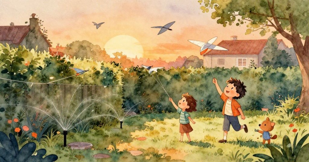 從高處鳥瞰後院,灑水器旋轉出水弧,衣繩散落與紙飛機點綴畫面,展現自然與動態。