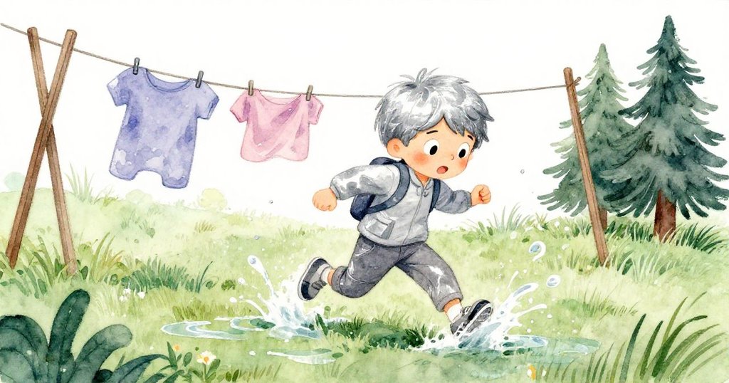 Leo在濕滑草地中衝刺,面對掉落衣繩和水束阻礙,神情專注充滿挑戰與堅毅。