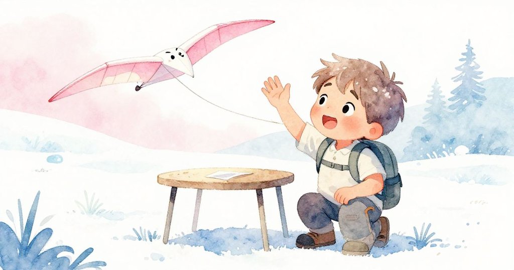 Leo蹲下從桌邊取回紙飛機,臉上帶著欣慰微笑,背景灑水器柔和運作,充滿溫暖和安心。