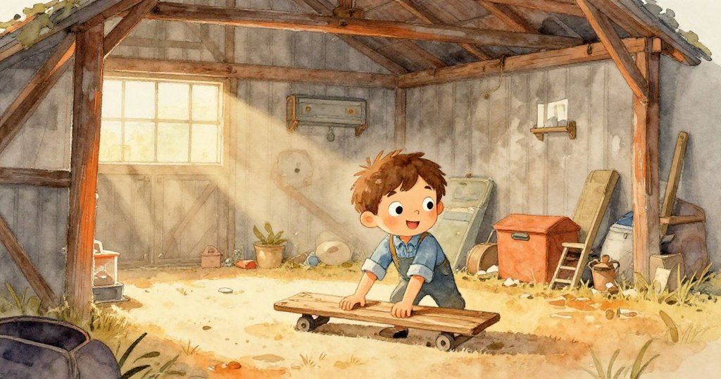 米洛在舊倉庫中用力推動一塊狹窄木板，窗外金色光線灑入室內，神情專注準備搭建工作台。