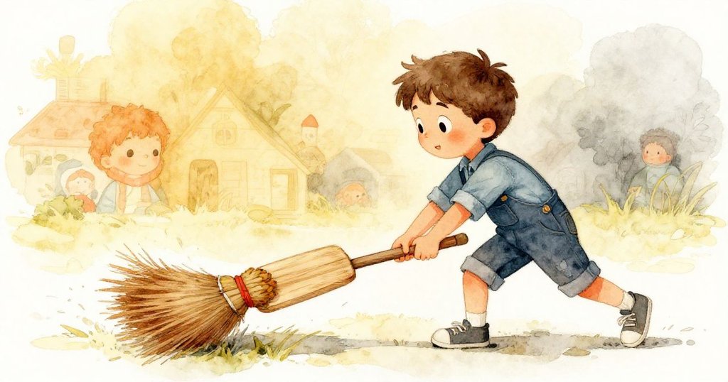 米洛的腳步穩健地踩在磨損地板上，木板輕觸彎曲掃帚，引發連鎖反應，他動作堅定。