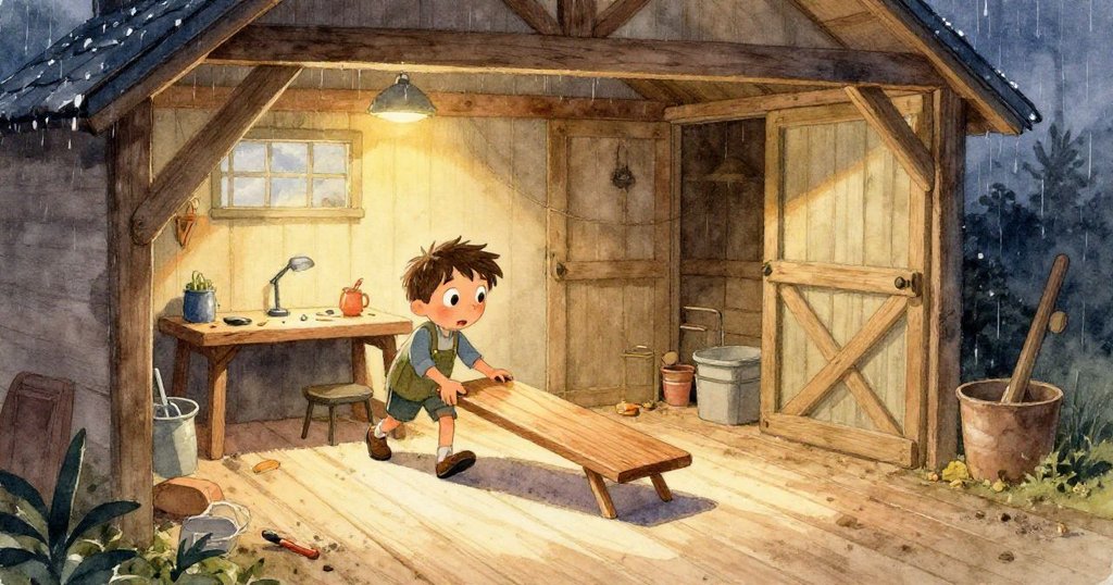 從小蜘蛛視角看倉庫角落，牠們在油漆罐間紡織絲網，米洛伸手尋找工具，神情充滿期待。