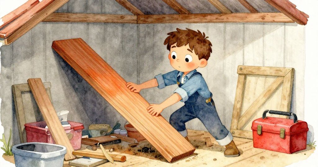 米洛在倉庫新空間內緊抓倒下木條，臉上露出堅定與緊張神情，旁邊放著工具箱和散落物件。