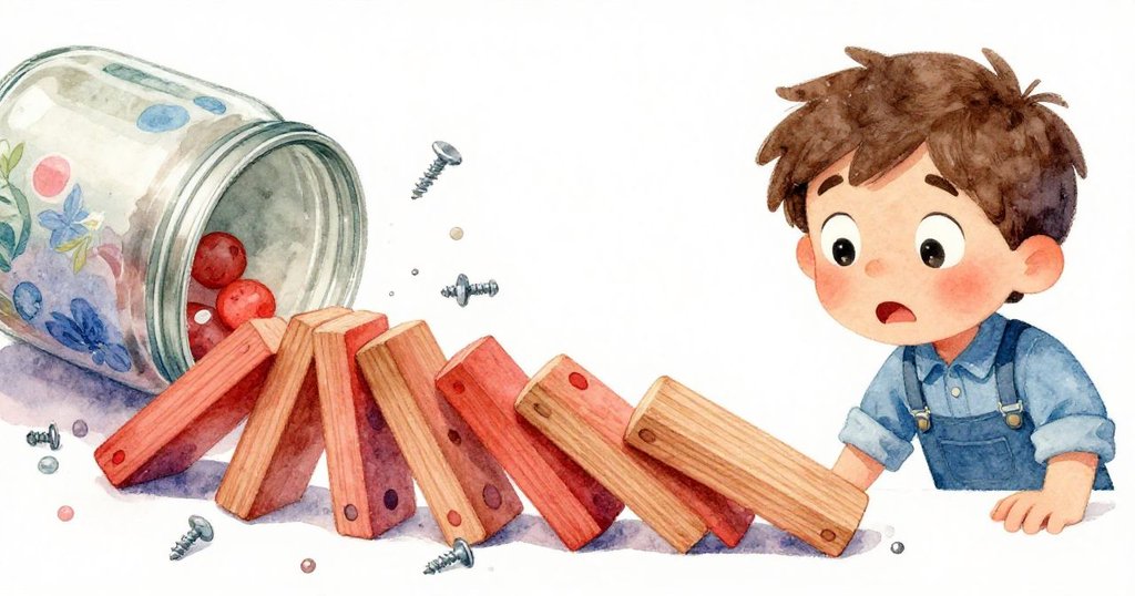 動態瞬間中，滾動的玻璃罐引發木條連鎖效應，閃亮螺絲灑落，米洛滿臉懸疑與堅定注視。