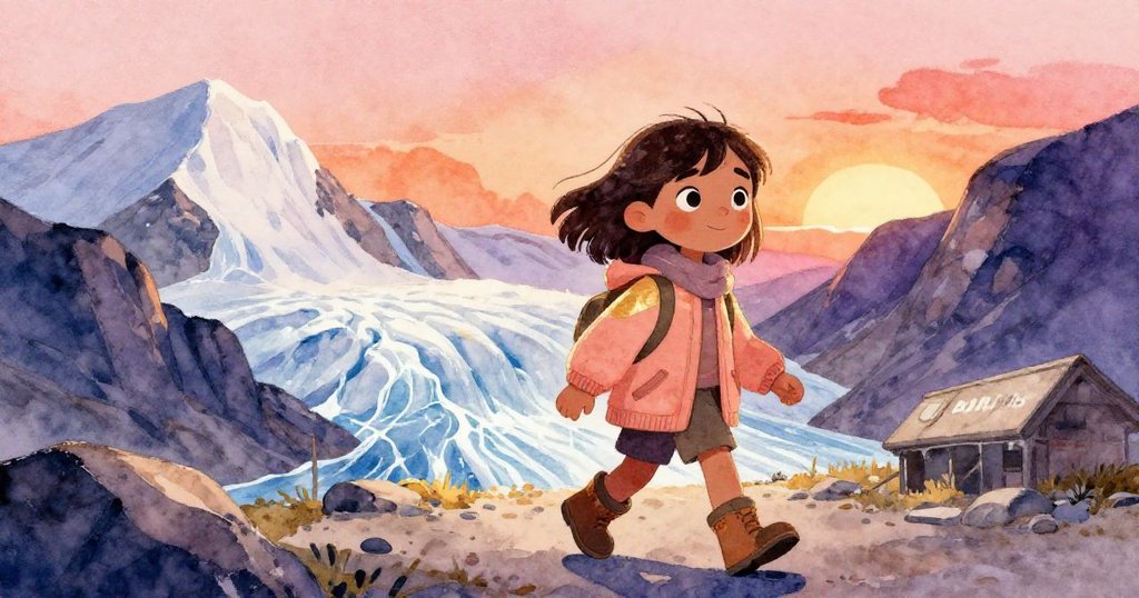 Tala獨自行走在高山車站附近，背著裝有感應器的背包，冰川與融水在夕陽下閃耀，環境寧靜充滿期待。