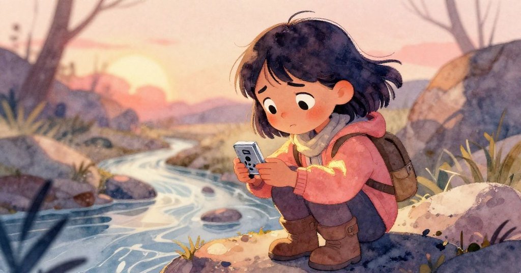 Tala聚精會神地檢查背包中的小金屬感應器，臉上流露出堅毅與憂慮，背景為流動融水與巍峨山景。