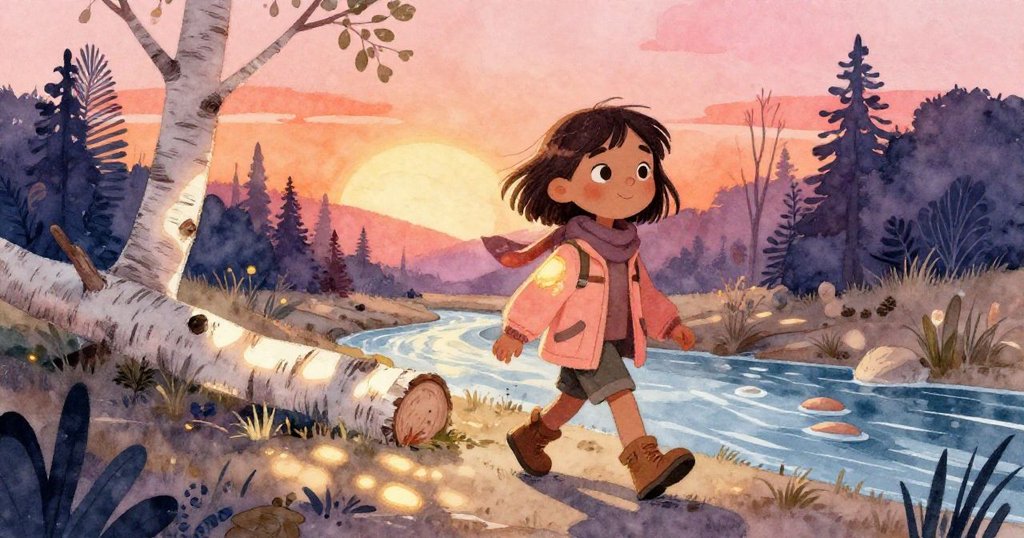 從小動物視角看見Tala穿過倒下的樺樹旁，融水輕輕蕩漾，背景山景配以柔和夕陽營造詩意氛圍。