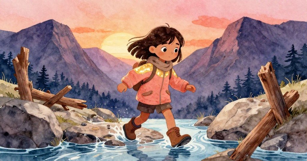 Tala小心翼翼地踏上濕滑石板，周圍是破舊手扶和殘破木樑，融水湍急，夕陽映照出歷史與冒險交織的景致。