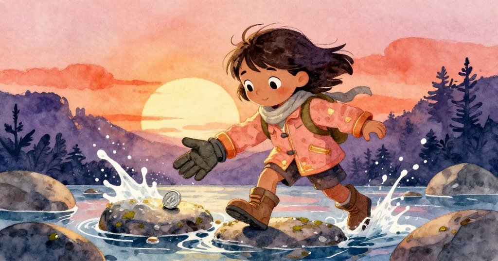 Tala在滑濕石板上失去手套，同時驚喜地發現一枚閃閃發光的銀幣，她臉上流露出急切與詫異，動作鮮明。