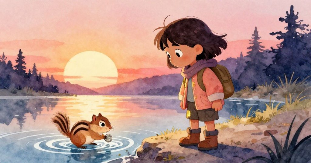 Tala站在遠岸上，看著小松鼠從旋流中拾起銀幣，臉上流露出溫柔與希望，背景為夕陽下融水與岩石。