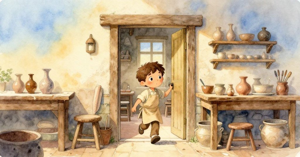 Tim穿過半開的門進入陶藝工作室後室,臉上充滿期待與好奇,晨光灑落在磚牆上,環境溫暖安靜。