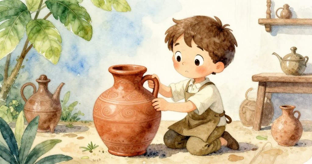 Tim仔細觀察陶瓷大瓶上優雅螺旋紋路,手指輕觸器物,背景呈現陶藝工作台溫暖質感,專注神情。