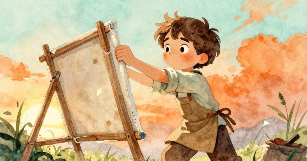 Tim從低角度被仰望,正用破舊油布遮擋刺眼陽光,堅定神情盡顯創意與決心,背景散發溫暖氣息。