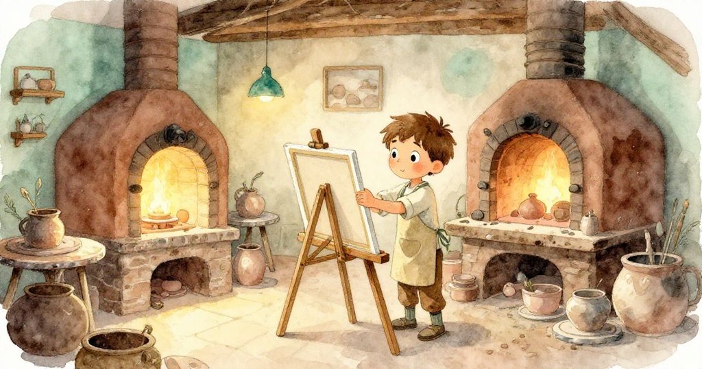 在陶藝工作室隱秘角落,Tim細心調整油布與木框,背後磚牆與窯爐微光交織,細塵隨光飄舞,充滿神秘感。