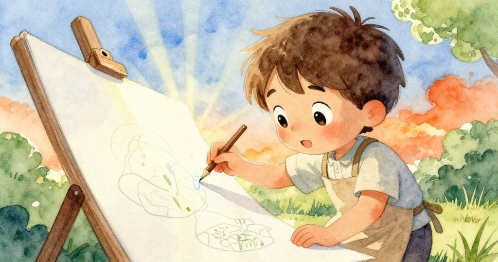 Tim專注作畫時忽見油布出現裂縫,縫隙透出陽光,紙上螺旋線條與細塵互動,劃出驚奇與堅持神情。