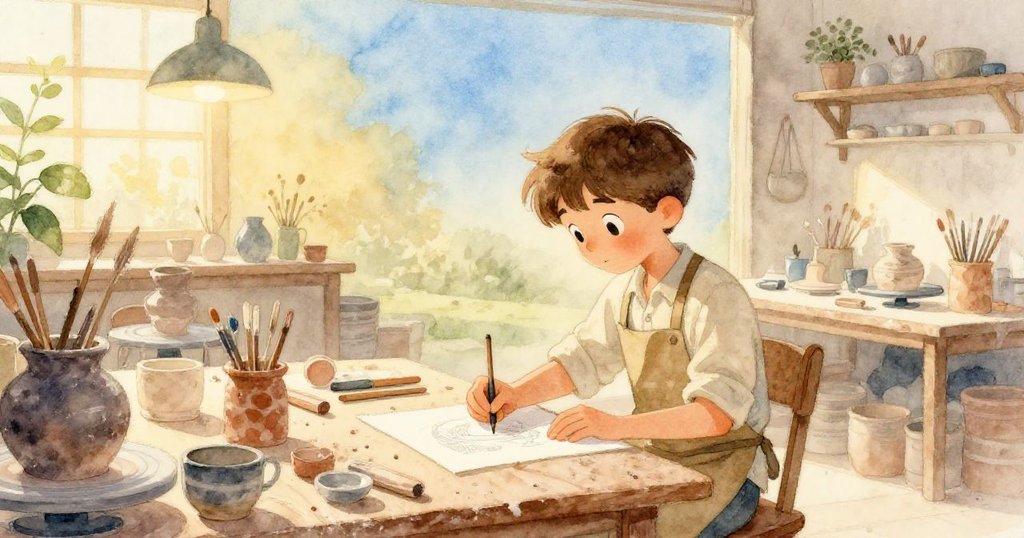 Tim完成作品後輕放工具,離開工作台,工作室中溫暖晨光漸退,留下創作感動與靜謐告別情懷。