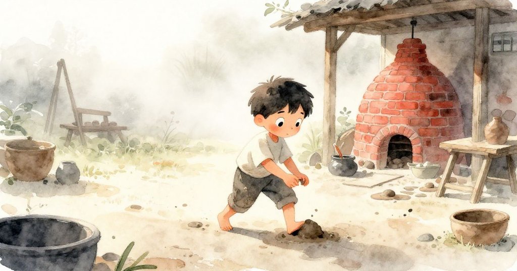 小費力克走進作坊後庭院，晨霧中金光柔和，環境溫暖，他邁步充滿決心，背景有磚窰與淡霧映襯。