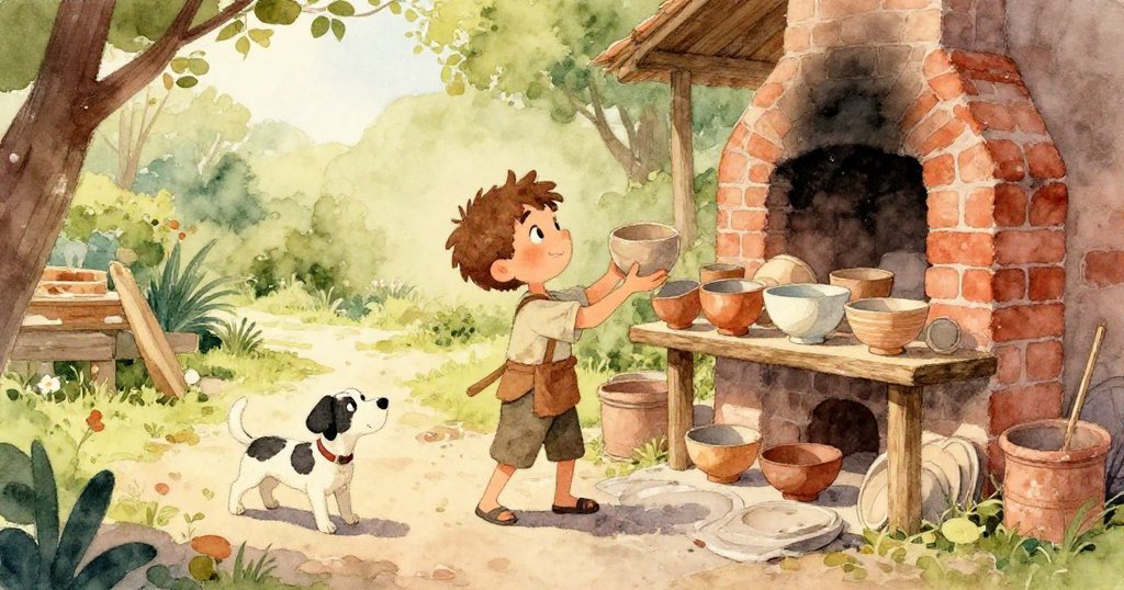 小費力克專注伸手抓取變形曬板，板靠在木桶旁，陽光下飛揚的微塵細節清晰，呈現堅定與專注之情。