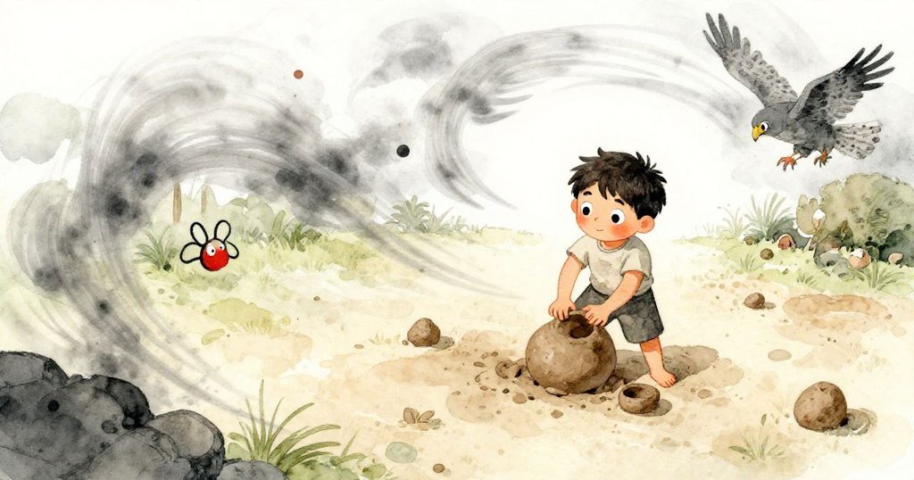 一隻大翅鷹在高空盤旋，低處小費力克與飄散灰塵奮力抵抗風勢，空中灰線舞動充滿動態美。