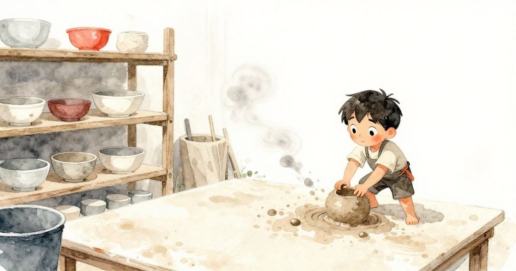 從高處俯瞰作坊庭院，小費力克守在低矮架子旁，風中翻倒曬板及舞動灰塵繪就獨特庭院景象。