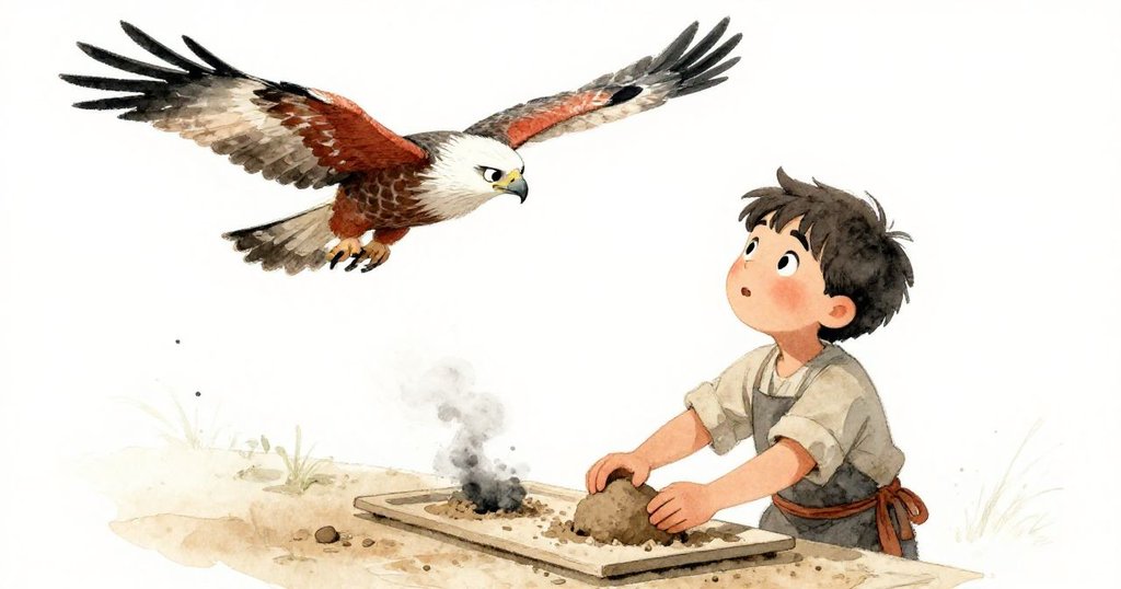 小費力克放下冒煙曬板，抬頭望向高空盤旋鷹隼，臉上充滿驚奇與柔情，呈現自然互動瞬間。