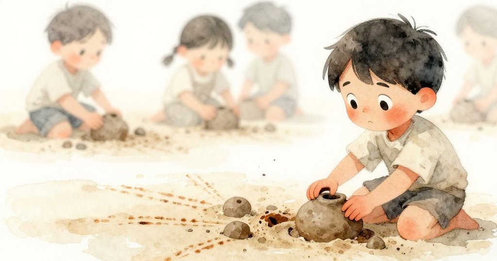 小費力克靜觀沙上不期而遇的炭黑痕跡，淡金夕陽映襯下，他眼中流露出驚異與平和，表達創作與自然交織美。