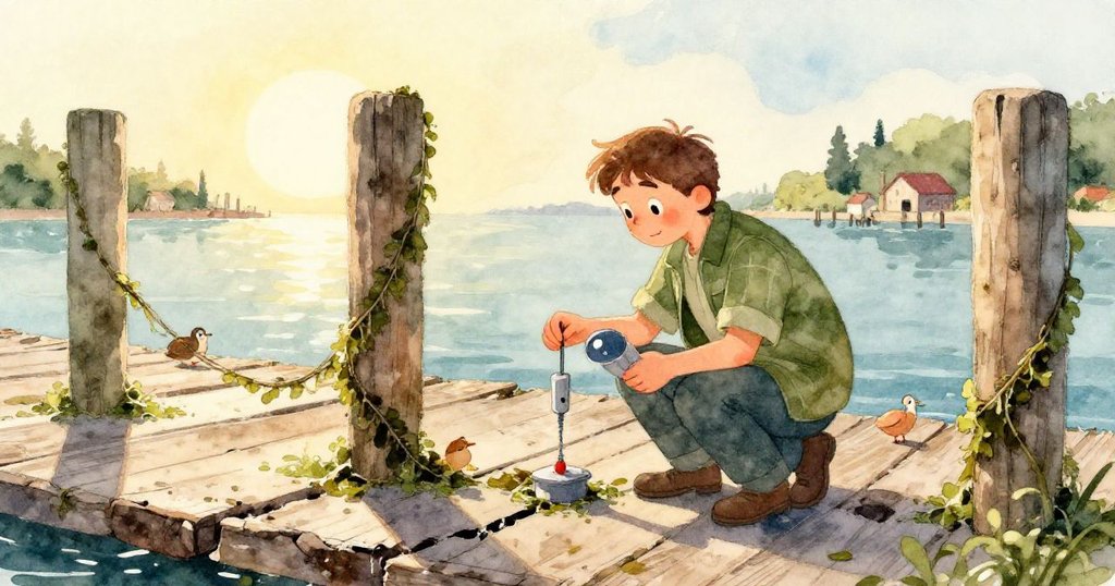 生態學家蹲在破舊碼頭板上，準備安裝感測器，晨曦中海藻與藤鬚點綴老樁，表情充滿期待與專注。