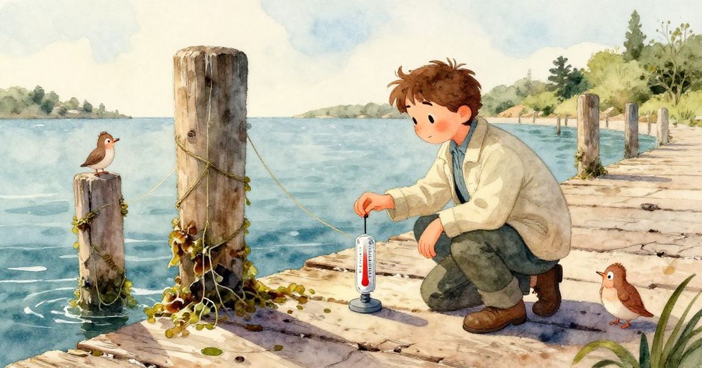 生態學家近距離凝視著閃爍的感測電纜，眼中流露堅定與細膩情感，晨光映襯海港背景。