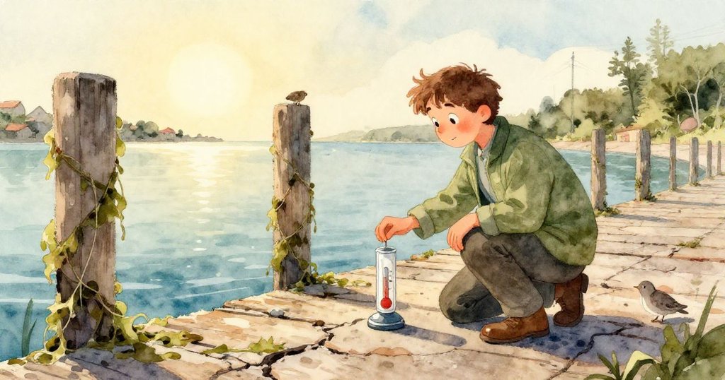 生態學家正用雙手穩固地用竹竿綁定橙色電纜，動作專注，晨光映照下碼頭與水面仔細呈現。