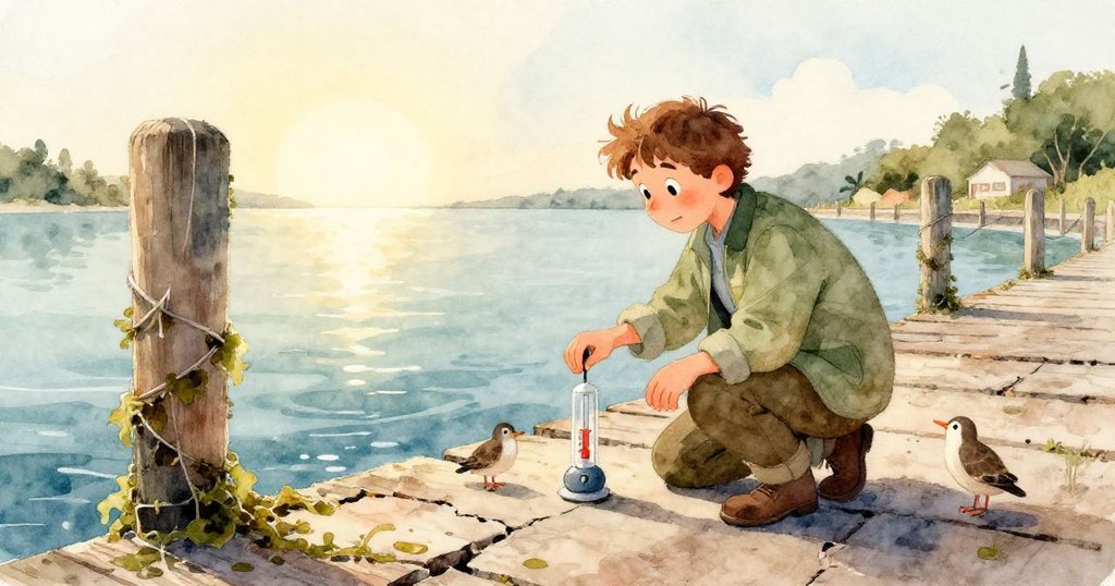 一隻斑點章魚從陰影中浮現，緊抓著橙色電纜，生態學家在背景中驚訝凝視，現場充滿神秘而溫暖的光影。