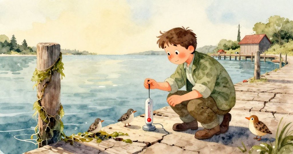 海豚優雅躍出水面，生態學家轉身滿臉喜悅注視，晨光灑落碼頭與海浪間，情感愉悅而自然。