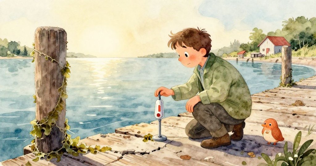 生態學家站在碼頭邊緣，凝視著廣闊海洋和遠處滑行的銀色海豚，晨曦映照下充滿希望與新起點。