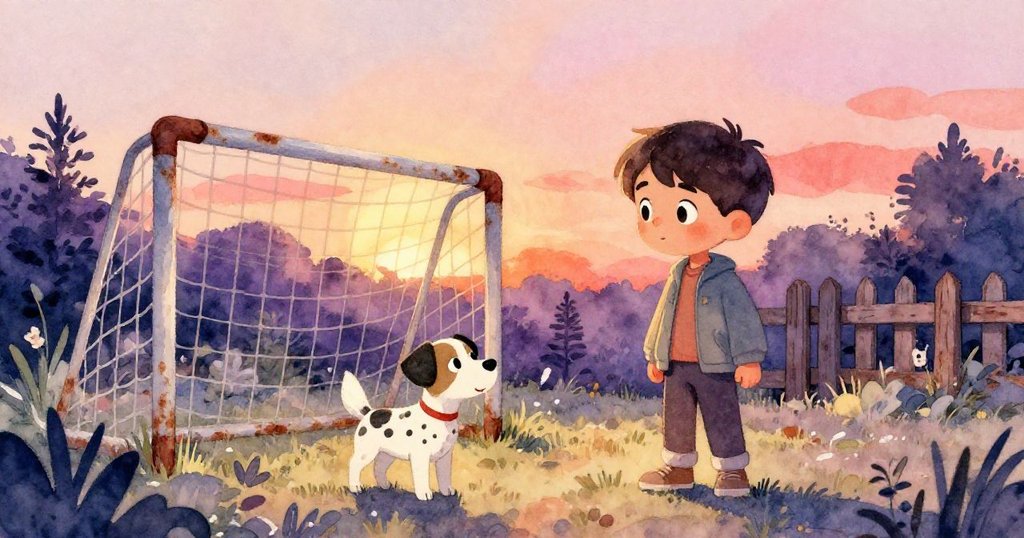 在柔和晨霧中,Leo與Patch站在花園裡生鏽足球框旁,樹葉輕拂柵欄,兩人滿懷期待展開新一天的冒險