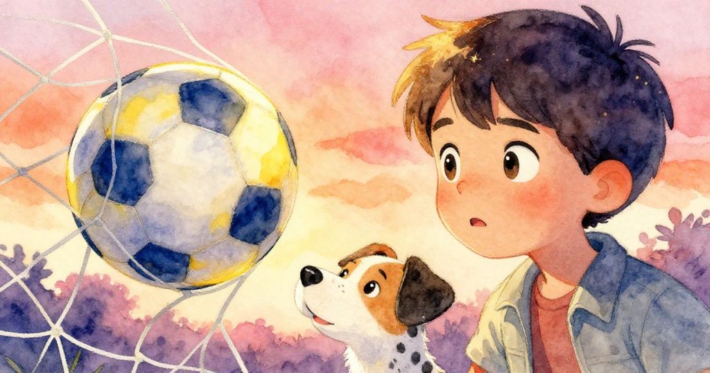 Leo專注凝視網中藍黃足球,Patch側耳傾聽,臉上展現堅定與好奇,情感流露明顯,展開冒險發展